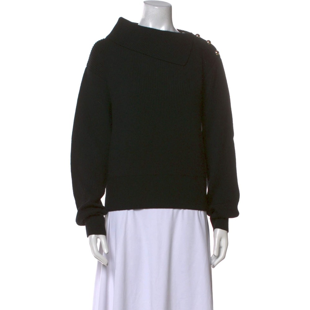MILLY Black Fold Over Neck Sweater L NWT Merino Wool Gold Button Quiet Luxury